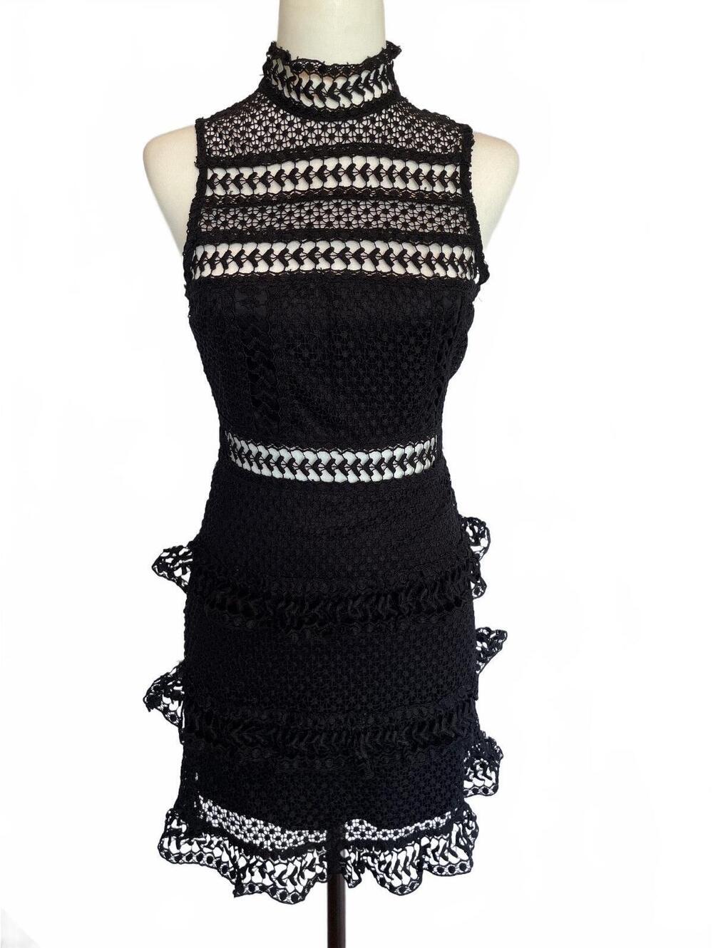 Lulus Black Crochet Lace Mini Dress S High Neck Ruffle Romantic Goth Witchy Chic